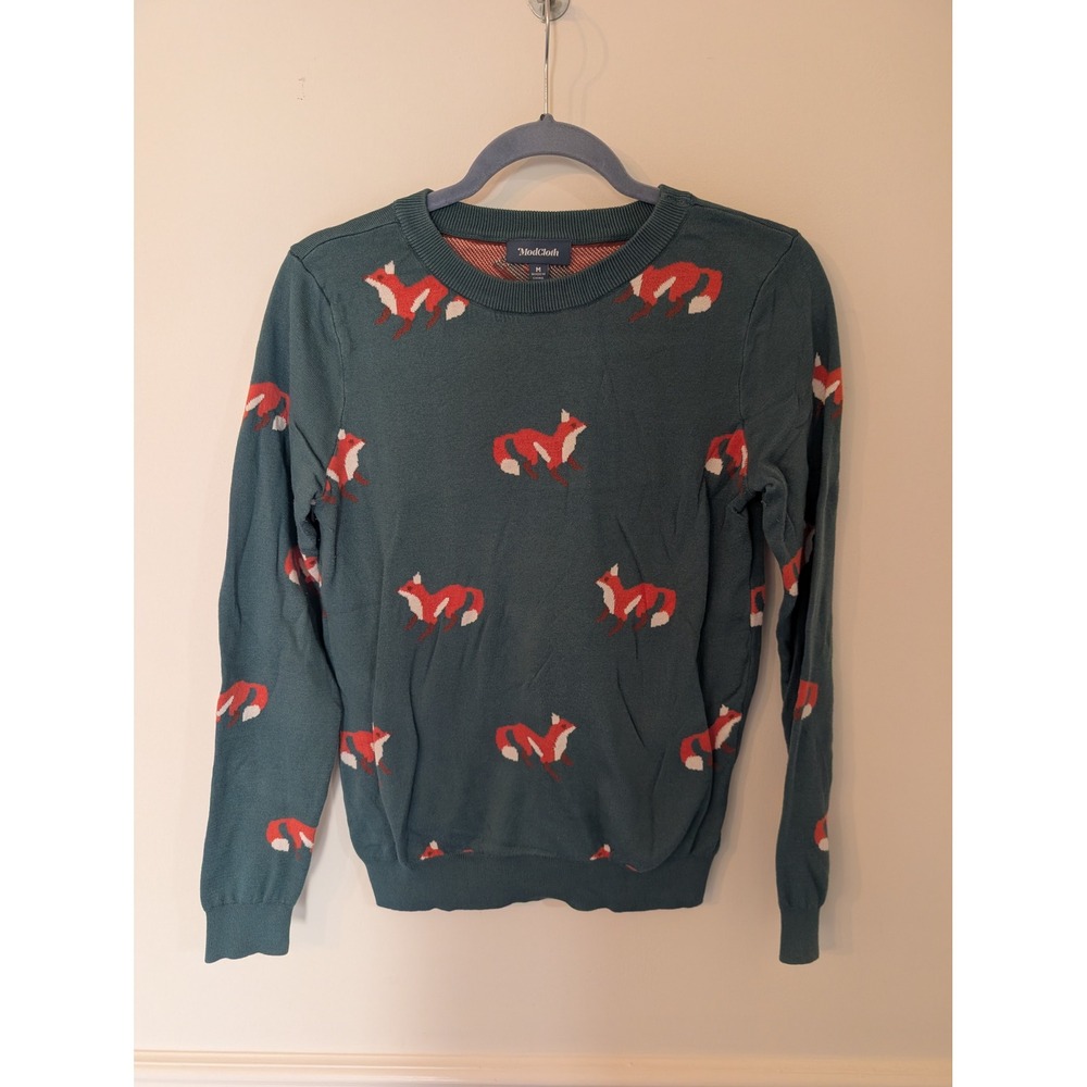 ModCloth Womens Teal Fox Print Cotton Modal Crew Neck Sweater medium novelty